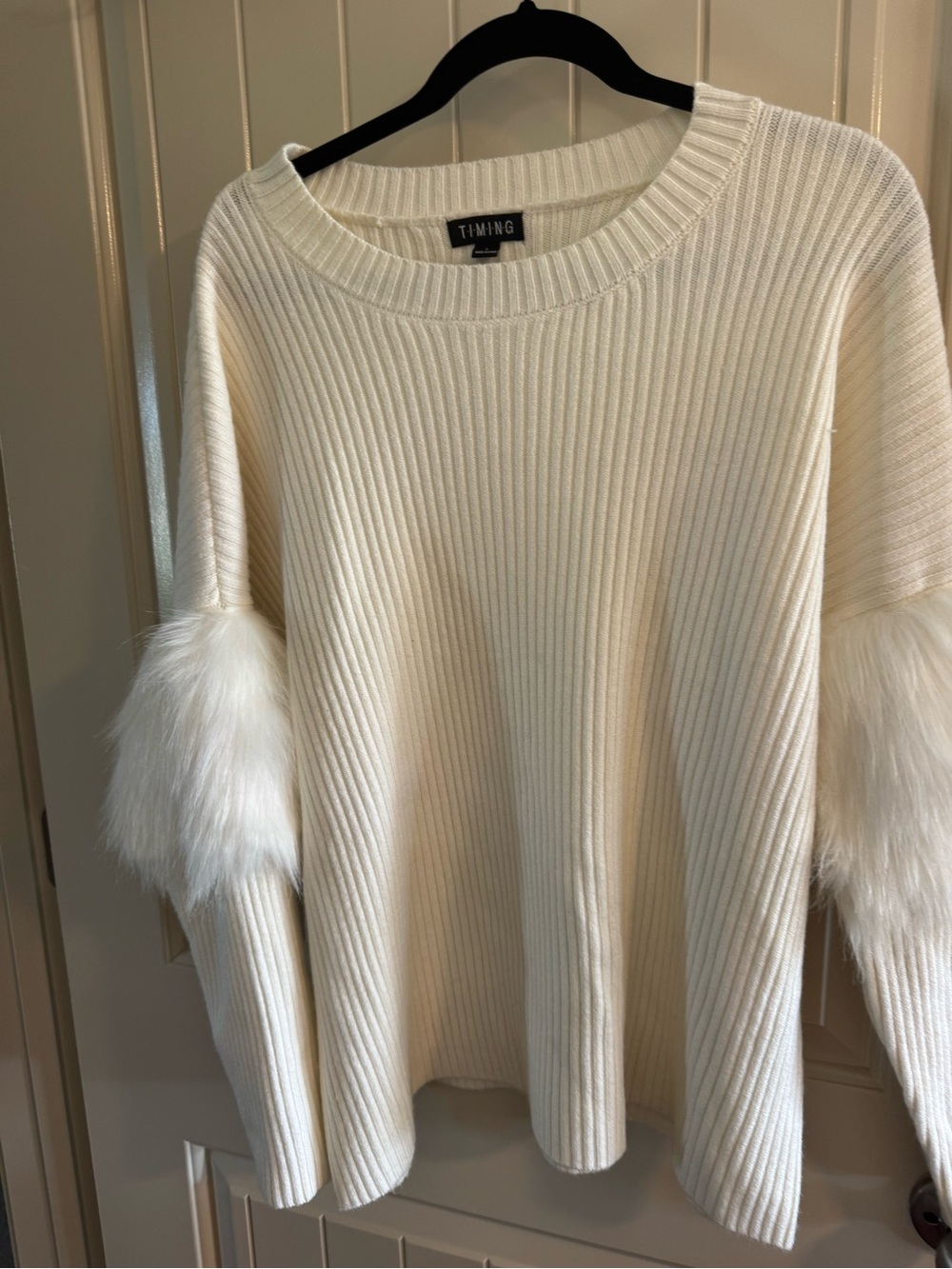 Timing Cream Ribbed Crewneck Sweater with Faux Fur Sleeve Accents